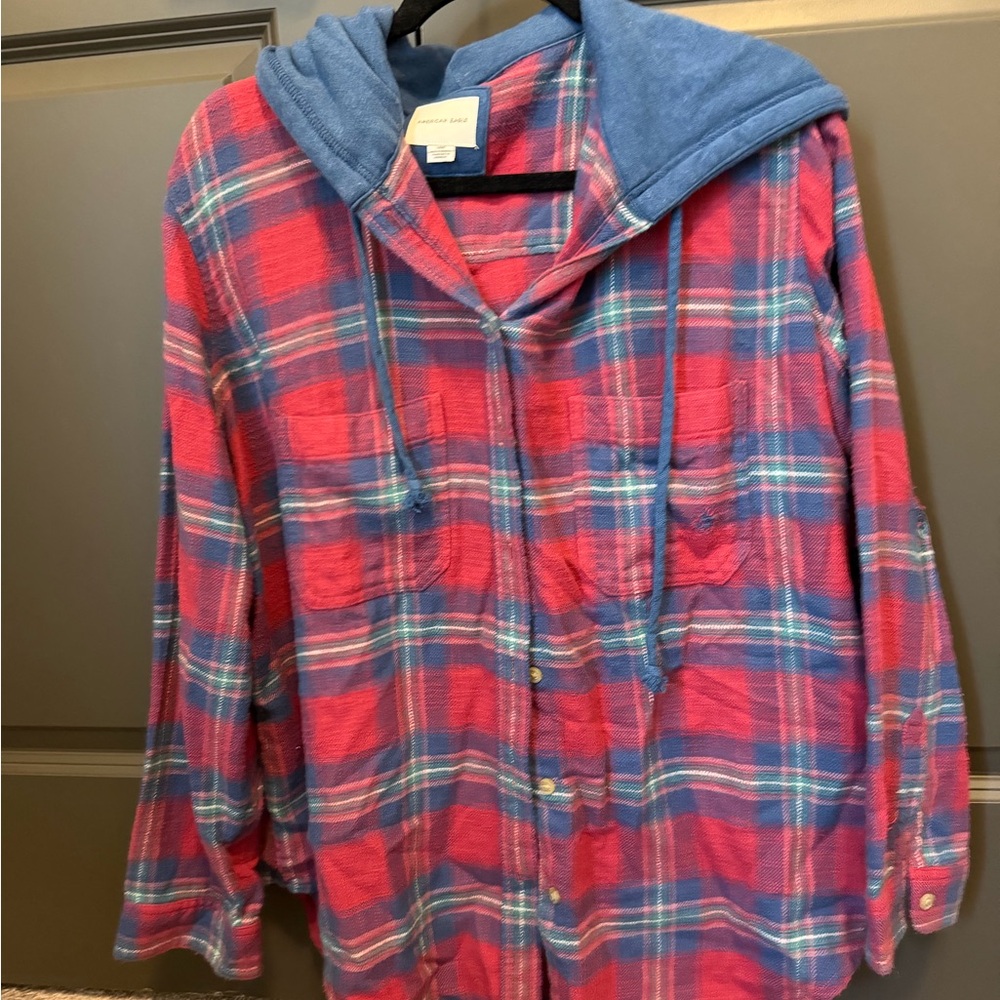 American Eagle Outfitters Pink and Blue Plaid Hooded Button-Up Shirt